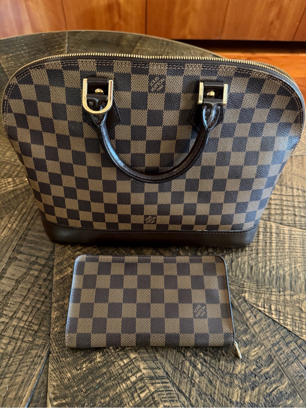 LV Alma PM Brown Check & Matching Wallet